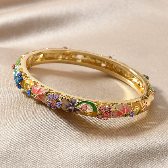 Wholesale Cloisonne Women's Opening Bracelet Palace Style Traditional Gold Plated Electroplated Inlay High Light Diamond Jewelry