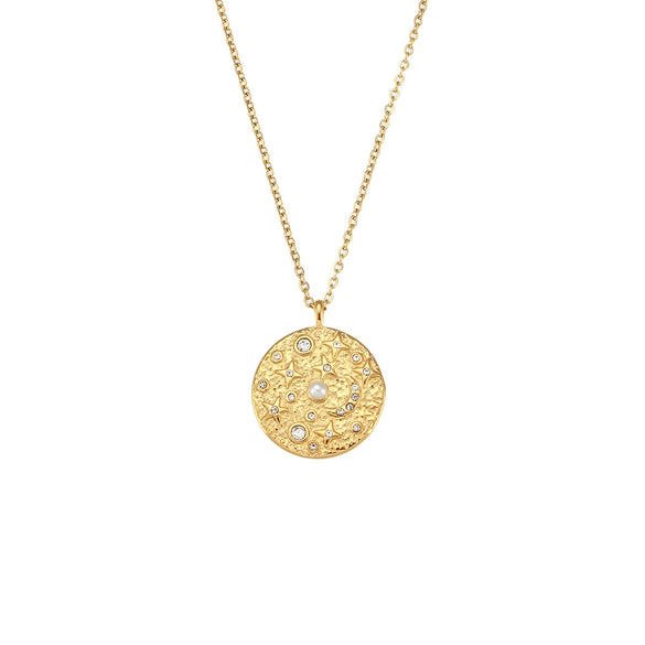 Wholesale Coin Pendant Necklace In Stainless Steel With Zircon Pearl Four Mans Star And Round Shape Geometric Pattern Electroplated Women's Fashion Style