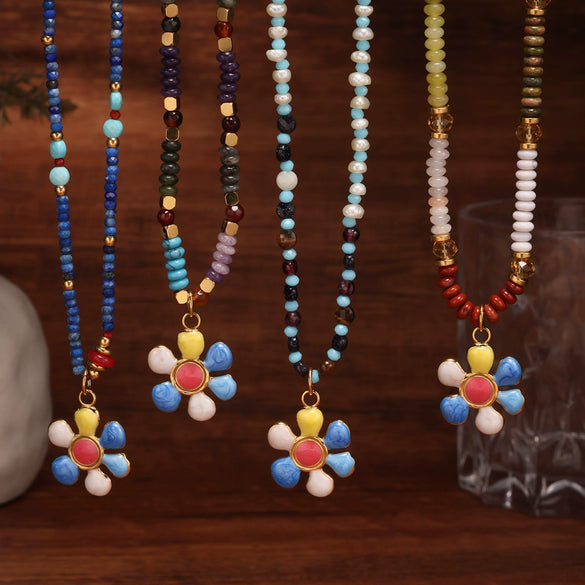 Wholesale Collarbone Necklace Handmade With Oil Drop Flower Agate Beads 316L Stainless Steel And 316L Stainless Steel Geometric Pattern Electroplated For Women