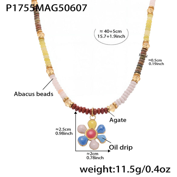 Wholesale Collarbone Necklace Handmade With Oil Drop Flower Agate Beads 316L Stainless Steel And 316L Stainless Steel Geometric Pattern Electroplated For Women