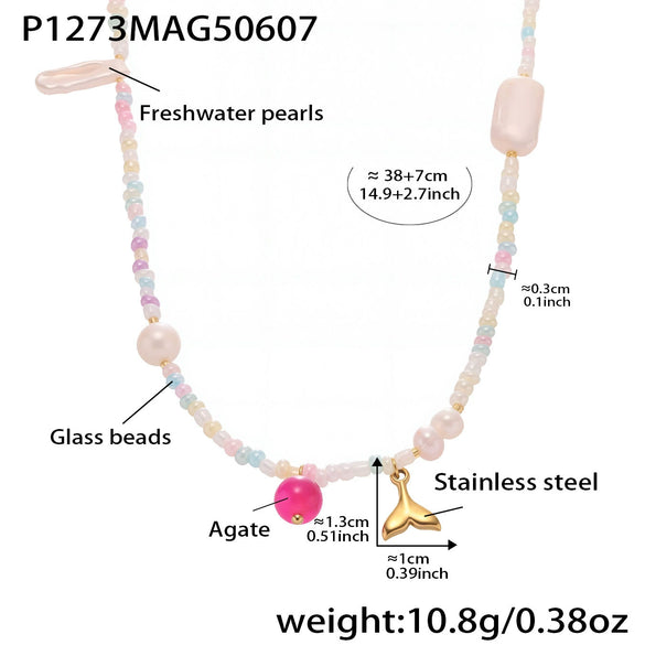 Wholesale Collarbone Necklace Handmade With Oil Drop Flower Agate Beads 316L Stainless Steel And 316L Stainless Steel Geometric Pattern Electroplated For Women