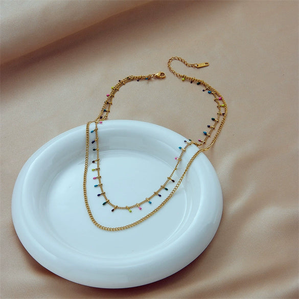 Wholesale Color Enamel Craft Titanium Steel Double Layer Necklace With Geometric Pattern And Electroplating For Women Unique Design Sense Niche Clavicle Chain