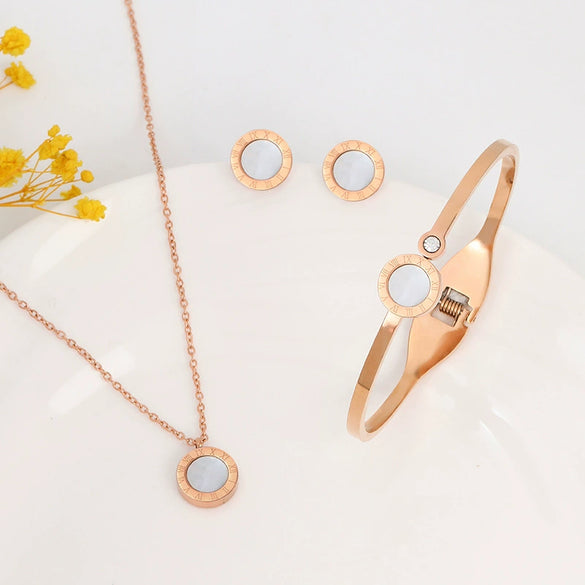 Wholesale Colorfast 316L Titanium Steel Jewelry Suit With Roman Numeral Cross And Crown Patterns Electroplated For Women Includes Necklace Stud Earrings And Bracelet