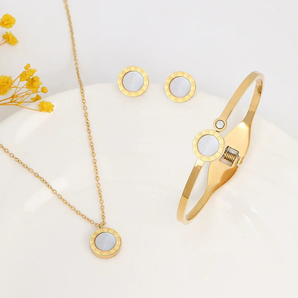 Wholesale Colorfast 316L Titanium Steel Jewelry Suit With Roman Numeral Cross And Crown Patterns Electroplated For Women Includes Necklace Stud Earrings And Bracelet