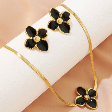 Wholesale Colorful Oil Dripping Plumeria Stainless Steel Jewelry Set With Dopamine Flower Earrings And Necklace Featuring Snake Bone Chain And Dripping Oil Design For Women