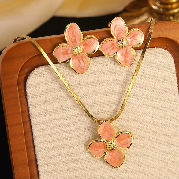 Wholesale Colorful Oil Dripping Plumeria Stainless Steel Jewelry Set With Dopamine Flower Earrings And Necklace Featuring Snake Bone Chain And Dripping Oil Design For Women