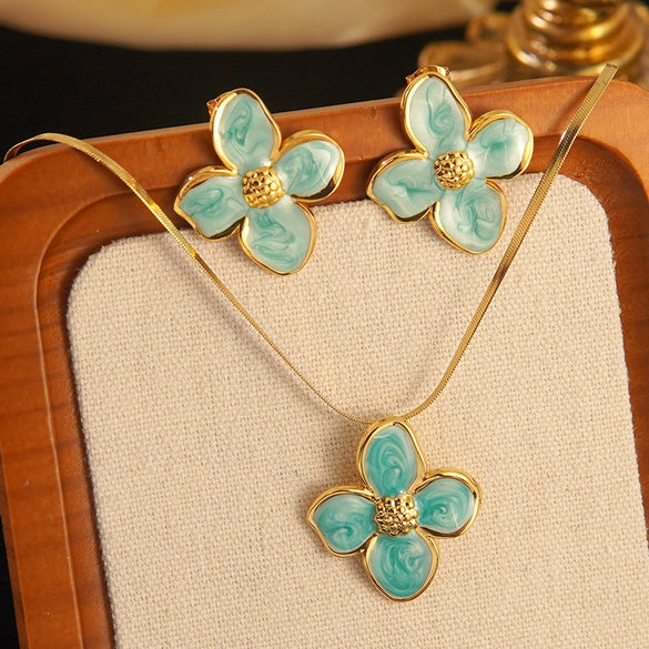 Wholesale Colorful Oil Dripping Plumeria Stainless Steel Jewelry Set With Dopamine Flower Earrings And Necklace Featuring Snake Bone Chain And Dripping Oil Design For Women