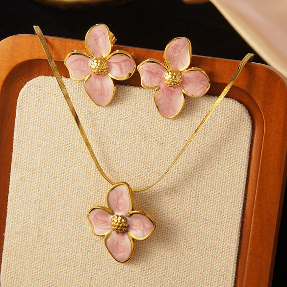 Wholesale Colorful Oil Dripping Plumeria Stainless Steel Jewelry Set With Dopamine Flower Earrings And Necklace Featuring Snake Bone Chain And Dripping Oil Design For Women