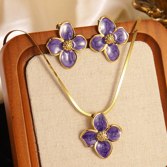 Wholesale Colorful Oil Dripping Plumeria Stainless Steel Jewelry Set With Dopamine Flower Earrings And Necklace Featuring Snake Bone Chain And Dripping Oil Design For Women