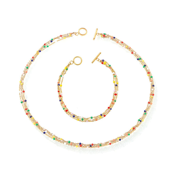 Wholesale Colorful Oil Dropping Bead Gold Multi Layer Bracelet Necklace Set In Titanium Steel With Round Ball Pattern And Gold Plated Electroplating For Women