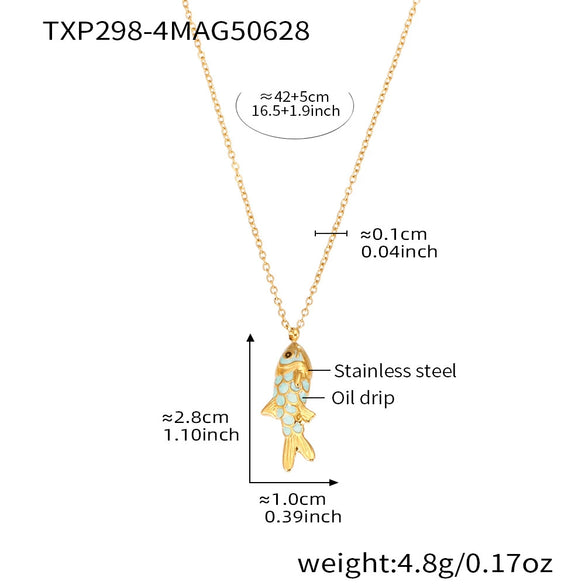 Wholesale Colorful Oildropped Koi Fish Beaded Stainless Steel Necklace Earrings With Electroplating Ocean Style Pendant