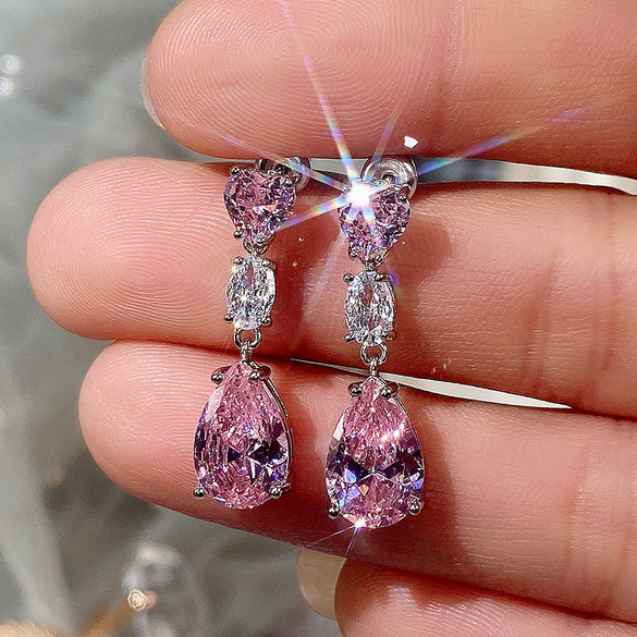 Wholesale Colorful Treasure Series Dropshaped Pink Zircon Earrings For Women Copper Material