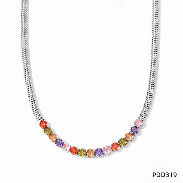 Wholesale Colorful Zircon Jewelry Set For Women Stainless Steel Round Snake Chain Clavicle Chain With Bear And Pig Patterns Electroplated