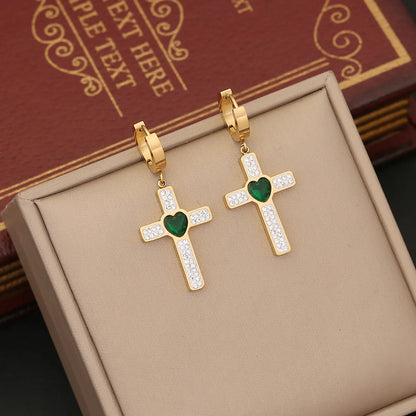 Wholesale Commute Cross Water Droplets Stainless Steel Inlay Zircon Earrings Necklace