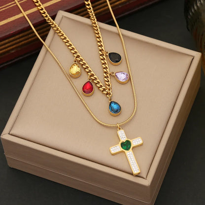 Wholesale Commute Cross Water Droplets Stainless Steel Inlay Zircon Earrings Necklace