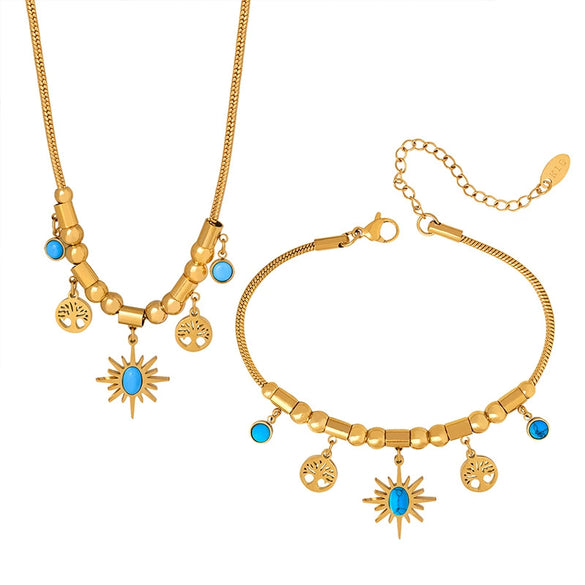 Wholesale Commuter Jewelry Set Titanium Steel Bracelet And Necklace With Turquoise Small Sun Tree Pendant Electroplated Stars Sun And Moon Clouds Universe Pattern