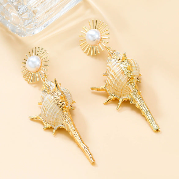 Wholesale Conch Earrings Alloy Inlaid Pearl Shell Geometric Style Women's Jewelry