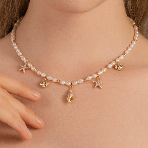 Wholesale Conch Shell Pendant Pearl Necklace Copper Gold Plated Mixed Gemstone Inlay Electroplated