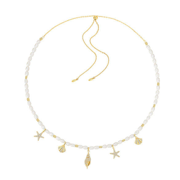 Wholesale Conch Shell Pendant Pearl Necklace Copper Gold Plated Mixed Gemstone Inlay Electroplated