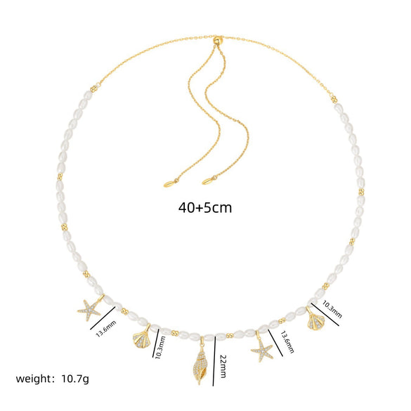 Wholesale Conch Shell Pendant Pearl Necklace Copper Gold Plated Mixed Gemstone Inlay Electroplated