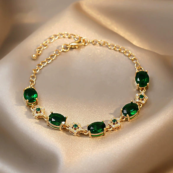 Wholesale Copper Alloy Emerald Crystal Bracelet With Flower Design And Real Gold Electroplated For Women In Geometric Popular Style
