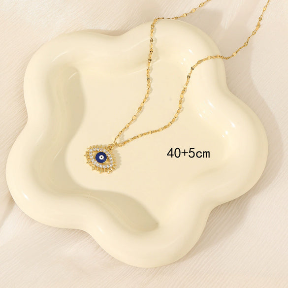 Wholesale Copper And Stainless Steel Mixed Gemstone Setting Hollow Round Devil's Eye Pendant Necklace With Electroplating For Women