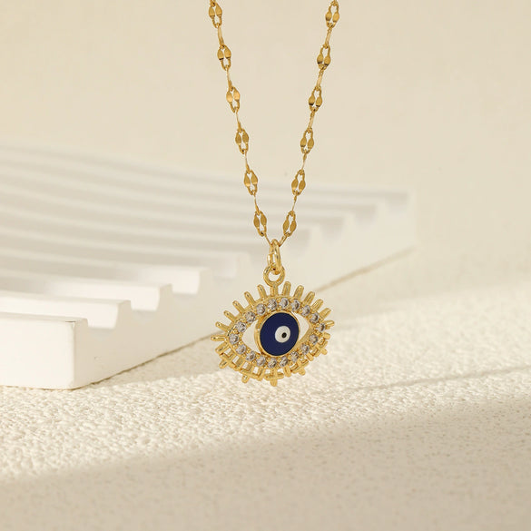Wholesale Copper And Stainless Steel Mixed Gemstone Setting Hollow Round Devil's Eye Pendant Necklace With Electroplating For Women