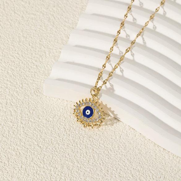 Wholesale Copper And Stainless Steel Mixed Gemstone Setting Hollow Round Devil's Eye Pendant Necklace With Electroplating For Women