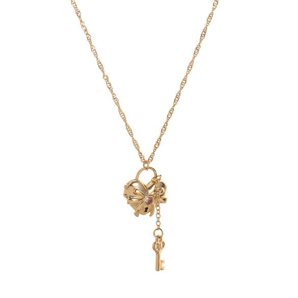 Wholesale Copper Bow Shaped Love Lock Necklace With Real Gold Plated Electroplating And Bamboo Chain