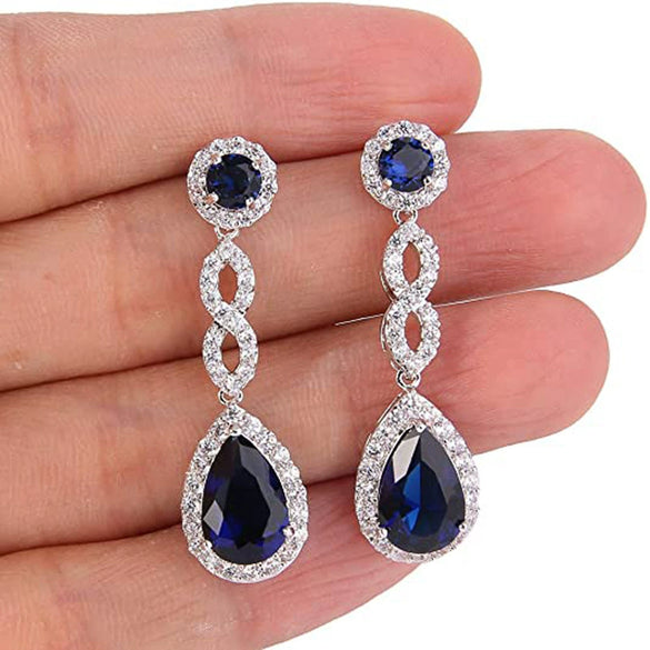 Wholesale Copper Drop Shape Microinlaid Sapphire Blue Zircon Earrings