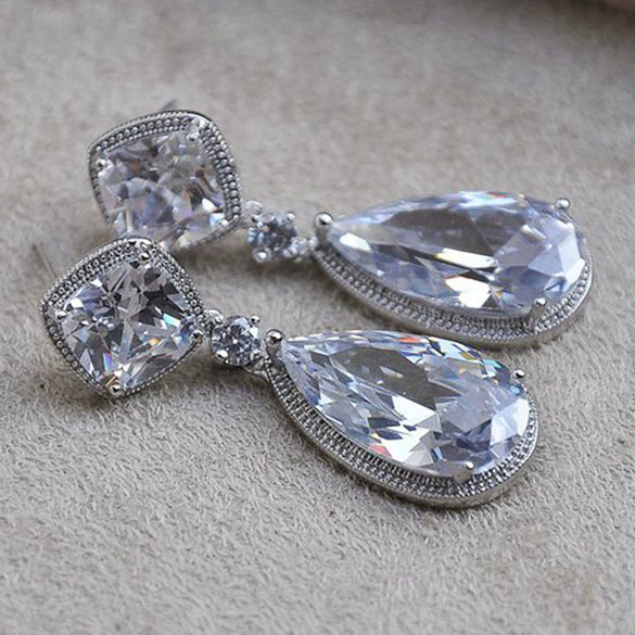 Wholesale Copper Drop Shape Zircon Pendant Earrings Light Luxury Retro Style