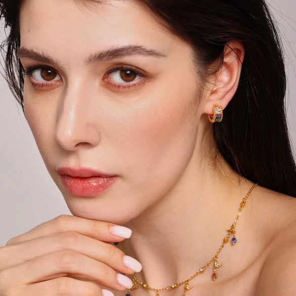 Wholesale Copper Ear Clip Jewelry With Glass Stone Geometric Pattern Light Luxury Style Electroplating Process