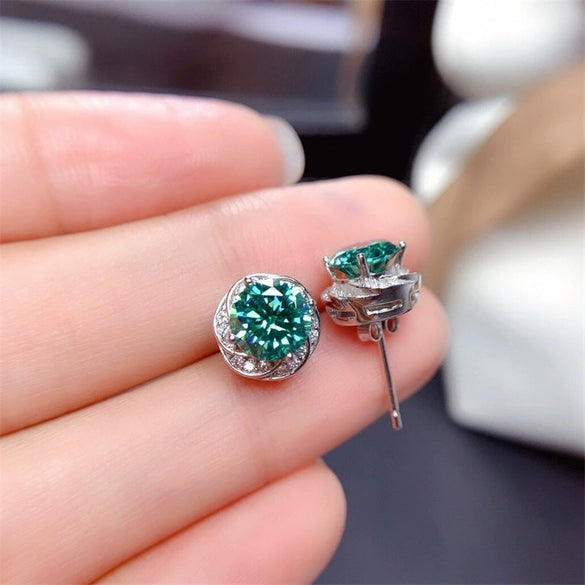 Wholesale Copper Earrings With Geometric Style And Flower Pattern Imitation Maldives Bluegreen Zircon