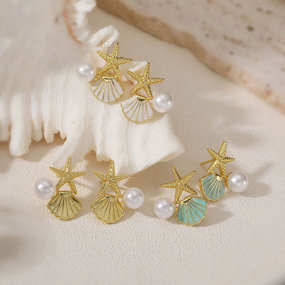 Wholesale Copper Earrings With Oil Drop Design And Starfish Pattern In Sweet Style