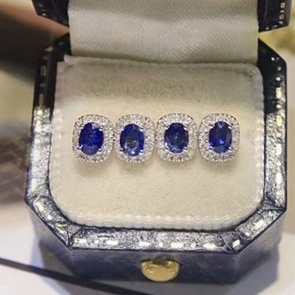 Wholesale Copper Earrings With Oval Sapphire Blue Zircon Retro Elegant Geometric Style Electroplated For Women