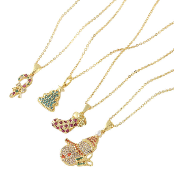 Wholesale Copper Electroplated Christmas Tree Snowman Socks Scepter Cross Pendant Necklace With O Word Chain Light Luxury Unisex