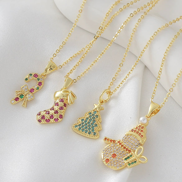 Wholesale Copper Electroplated Christmas Tree Snowman Socks Scepter Cross Pendant Necklace With O Word Chain Light Luxury Unisex