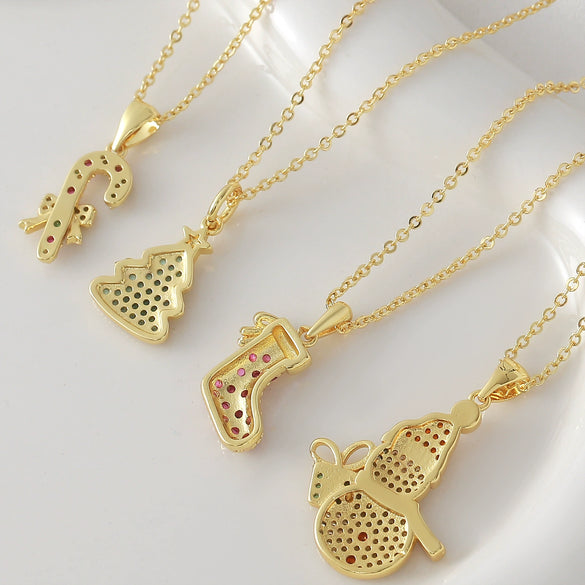 Wholesale Copper Electroplated Christmas Tree Snowman Socks Scepter Cross Pendant Necklace With O Word Chain Light Luxury Unisex