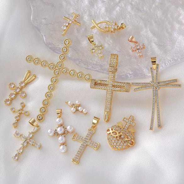 Wholesale Copper Electroplated Cross Pendant Necklace With Microinlaid Zircon And Pearl Hollow Design Jewelry Accessories