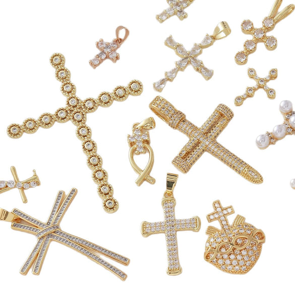 Wholesale Copper Electroplated Cross Pendant Necklace With Microinlaid Zircon And Pearl Hollow Design Jewelry Accessories