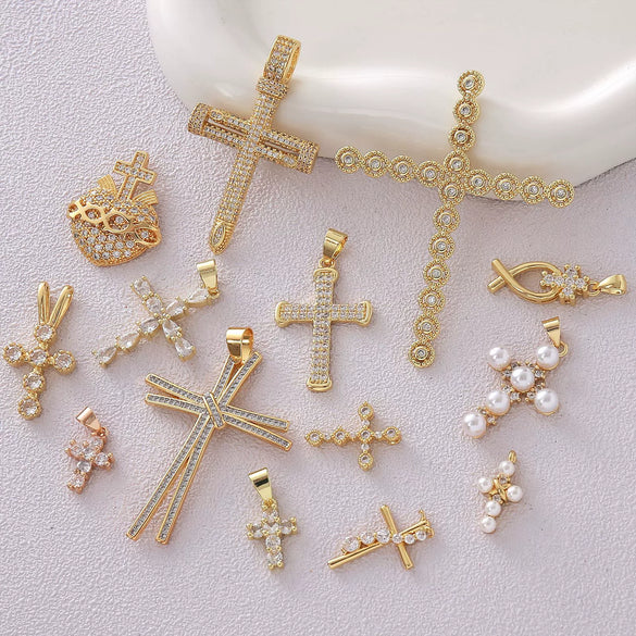 Wholesale Copper Electroplated Cross Pendant Necklace With Microinlaid Zircon And Pearl Hollow Design Jewelry Accessories