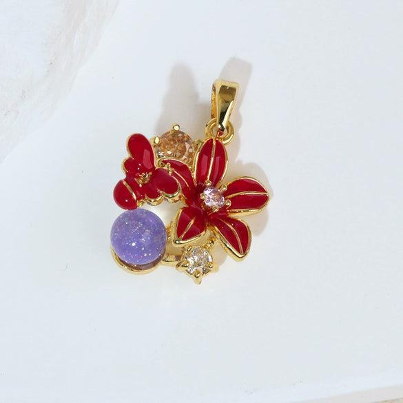 Wholesale Copper Flower Petal Oil Drop Pendant Necklace Retro Design Microinlaid Electroplated For Women