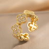 Wholesale Copper Four Leaf Clover Light Luxury Opening Adjustable Women's Ring With Zircon And Geometric Design