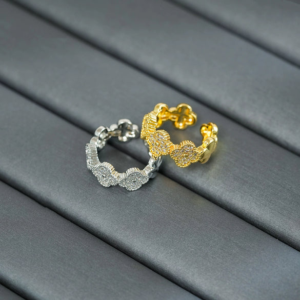 Wholesale Copper Four Leaf Clover Light Luxury Opening Adjustable Women's Ring With Zircon And Geometric Design