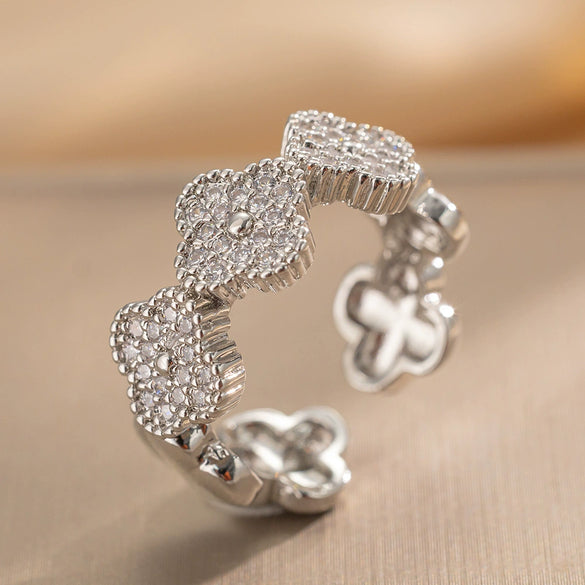 Wholesale Copper Four Leaf Clover Light Luxury Opening Adjustable Women's Ring With Zircon And Geometric Design