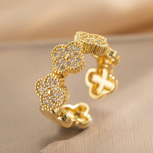 Wholesale Copper Four Leaf Clover Light Luxury Opening Adjustable Women's Ring With Zircon And Geometric Design