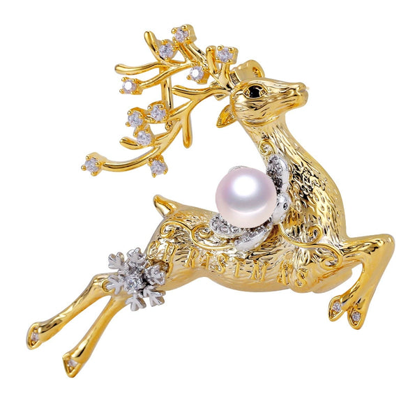 Wholesale Copper Fresh Water Pearl Deer Brooch Italian Craft Fashion Women's Jewelry