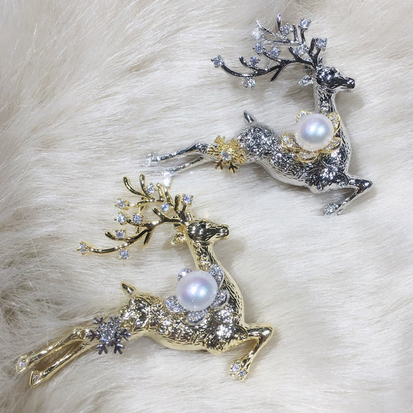 Wholesale Copper Fresh Water Pearl Deer Brooch Italian Craft Fashion Women's Jewelry