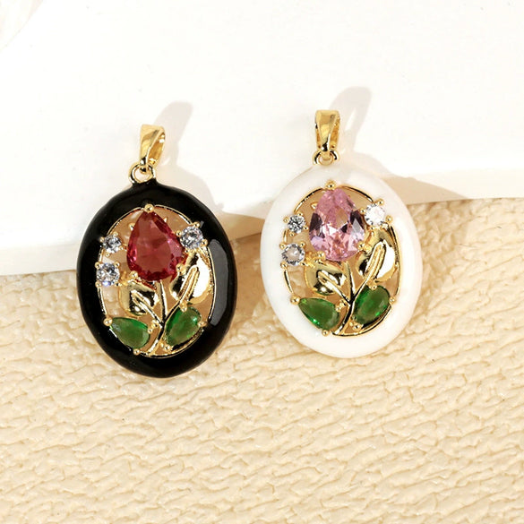 Wholesale Copper Geometric And Flower Patterned Dripping Oil Style Oval Hollow Garden Earrings Pendant