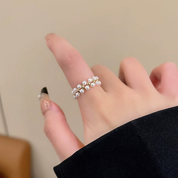 Wholesale Copper Geometric Electroplating Elastic Rope Pearl Women's Ring Retro Simple Hand Jewelry